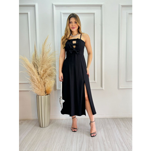 Vestido midi com fenda lateral e laços 