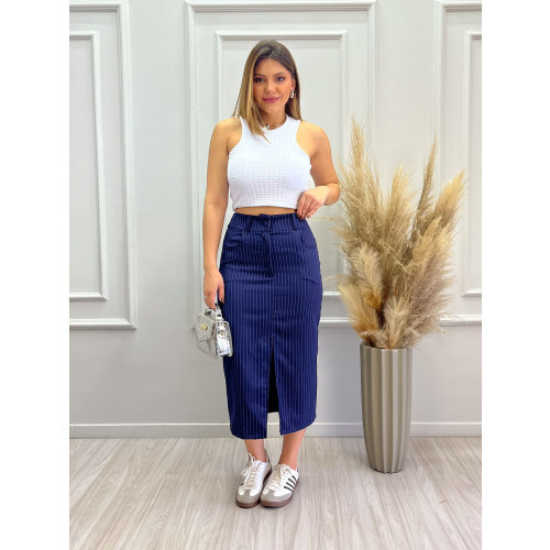 Saia midi fenda risca de giz azul 