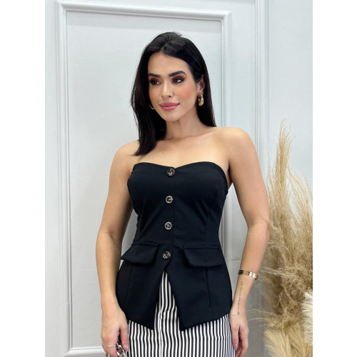 Blusa tomara que caia com botões marrom 