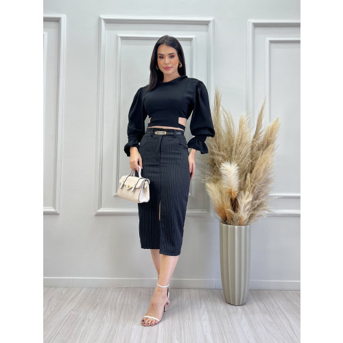 Saia midi fenda risca de giz