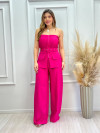 Conjunto blusa tomara que caia e calça pantalona 